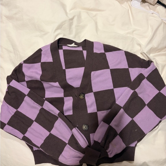 Ascot + Hart Sweaters - Chic Purple and Brown Checkered Cardigan